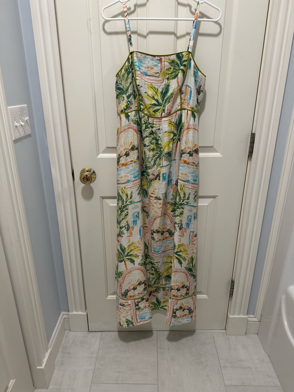 Tropical Print Maxi Sundress in White, Green & Blue